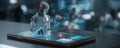 Futuristic robot hologram artificial intelligence data analysis on digital tablet interface in modern office technology Royalty Free Stock Photo