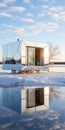 Futuristic Robot-inspired White Mirrored Cottage On A Winter Lake Royalty Free Stock Photo