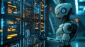 Futuristic robot interacting with advanced computer systems in a high-tech server room. Representing AI and technology