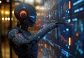 Futuristic robot interacting with digital AI data screen