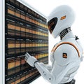 Futuristic robot interacting with digital data storage server racks Royalty Free Stock Photo