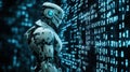Futuristic robot interacting with digital data streams and codes