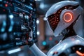 Futuristic robot interacting with a digital holographic interface, showcasing advanced technology in a high-tech environment