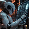 Futuristic robot interacting with a digital interface inside a high-tech environment, showcasing advanced technology, artificial Royalty Free Stock Photo