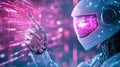 Futuristic robot interacting with digital interface in a virtual reality setting