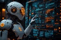 Futuristic robot interacting with a glowing digital display in a high-tech environ Royalty Free Stock Photo