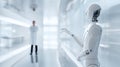 Robot in futuristic laboratory interacting with an invisible interface, a scientist overseeing artificial intelligence development Royalty Free Stock Photo
