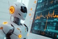 A futuristic robot interacts with a digital interface displaying data and analytics Royalty Free Stock Photo