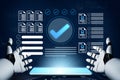 Futuristic Robot Interface Analyzing Digital Data with Checkmarks and Documents Displaying Successful Completion and Royalty Free Stock Photo