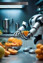 futuristic robot kitchen scene with a cantaloupe displayed on a robot hand surrounded by futuristic gadgets Royalty Free Stock Photo