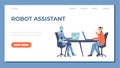 Futuristic robot with laptop assists man in the office, landing page template - flat vector illustration.