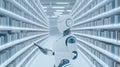 Futuristic robot librarian manages digital archives in vast library. White techy robot interacts with digital bookshelves.