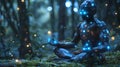 Futuristic Robot Meditating in Forest Royalty Free Stock Photo