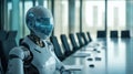 Futuristic robot in a modern office conference room setting Royalty Free Stock Photo