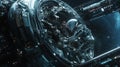 Futuristic robot navigating high-tech space station with advanced technology and intricate design against starry cosmic background