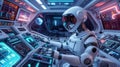 Futuristic robot navigating spacecraft with advanced technology and neon displays in outer space exploration mission