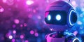 Futuristic robot with neon lights on cybernetic background, showcasing advanced technology