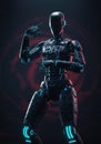 Futuristic robot with neon lights and graffiti design in dynamic pose Royalty Free Stock Photo