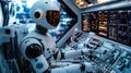 Futuristic robot operating advanced control panel in high-tech spacecraft cockpit with digital interface