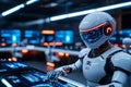 Futuristic robot operating high-tech controls in advanced technology facility, showcasing innovation in artificial intelligence