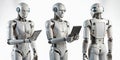 Futuristic Robot Operating a Tablet A Minimalist Trio of Perspectives Showcasing Advanced Automation and Interface Royalty Free Stock Photo