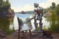 Futuristic Robot painting a natural painting artificial intelligence Ai