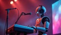 Futuristic robot performs on stage. Robot plays keyboard, sings. Cool lights, music create unique entertainment. Tech artist