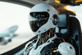 Futuristic robot pilot seated in a high-tech aircraft cockpit during daylight Royalty Free Stock Photo