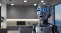 Futuristic robot portrait with glowing eyes in a modern interior design setting with copy space available for vario Royalty Free Stock Photo