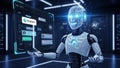 Futuristic robot presenting ChatGPT AI interface in modern lab Royalty Free Stock Photo