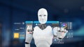 Futuristic robot presenting data and analytics with digital interface and glowing graphs, showcasing artificial Royalty Free Stock Photo