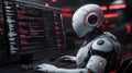 Futuristic robot programmer working on a computer