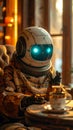 Futuristic robot relaxing in a classic tearoom Royalty Free Stock Photo
