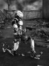 Futuristic robot in ruined city.