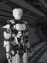 Futuristic robot in sci fi corridor.