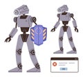 Futuristic robot with shield representing protection and cybersecurity with error notification Royalty Free Stock Photo