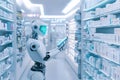 Futuristic robot shopping in a modern pharmacy aisle Royalty Free Stock Photo
