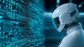 A futuristic robot with a sleek design stands in front of a glowing digital background filled with data streams showcasing