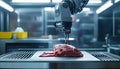 Futuristic robot sli9 cing raw meat under supervision in modern food processing facility with industrial background and Royalty Free Stock Photo