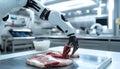 Futuristic robot sli9 cing raw meat under supervision in modern food processing facility with industrial background and Royalty Free Stock Photo