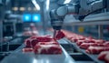 Futuristic robot sli9 cing raw meat under supervision in modern food processing facility with industrial background and Royalty Free Stock Photo