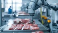 Futuristic robot sli9 cing raw meat under supervision in modern food processing facility with industrial background and Royalty Free Stock Photo