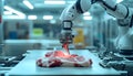 Futuristic robot sli9 cing raw meat under supervision in modern food processing facility with industrial background and Royalty Free Stock Photo
