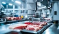 Futuristic robot sli9 cing raw meat under supervision in modern food processing facility with industrial background and Royalty Free Stock Photo