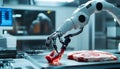Futuristic robot sli9 cing raw meat under supervision in modern food processing facility with industrial background and Royalty Free Stock Photo