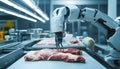 Futuristic robot sli9 cing raw meat under supervision in modern food processing facility with industrial background and Royalty Free Stock Photo