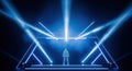 Futuristic robot on stage with dramatic blue spotlight beams Royalty Free Stock Photo