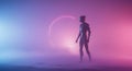 Futuristic AI Robot in Neon Haze with Glowing Circle Royalty Free Stock Photo