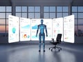 Futuristic robot standing in modern office with data screens Royalty Free Stock Photo