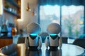 Futuristic robot standing on table glowing in blue light. Assistance with daily tasks. Artificial intelligence AI technology help Royalty Free Stock Photo